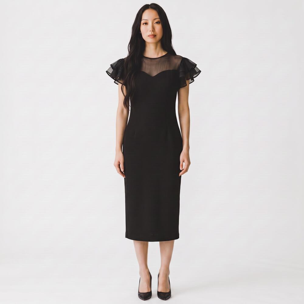 VINTAGE 80s ST JOHN Size 10 Black Knit Sheath Dress with Puffy Net Ruffle Sleeve